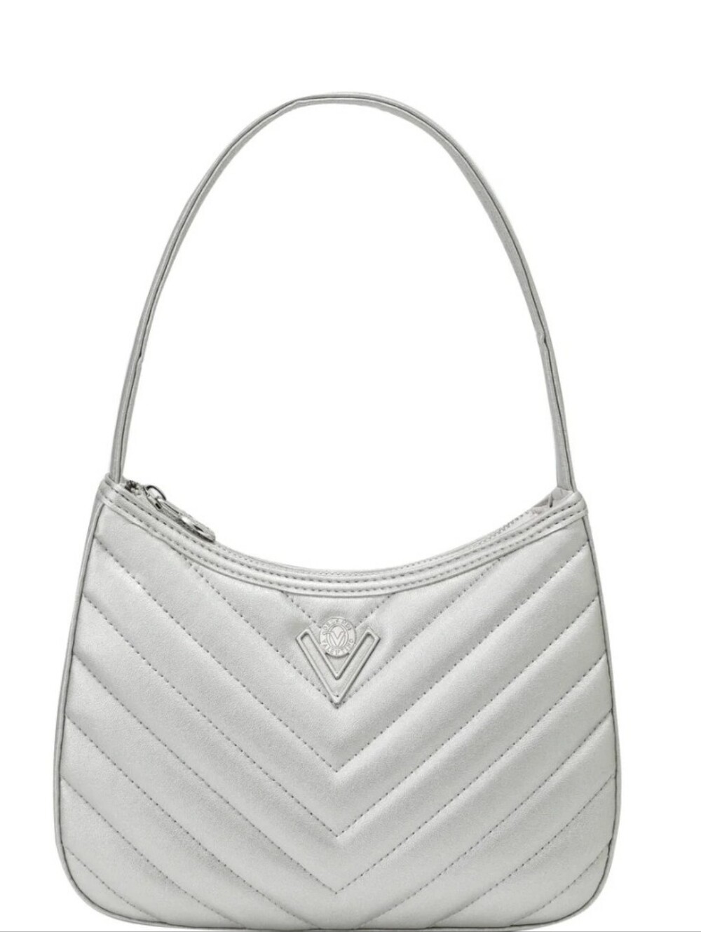 Valentino Orlandi Rowe Silver Quilted Shoulder Bag with Chevron Stitching